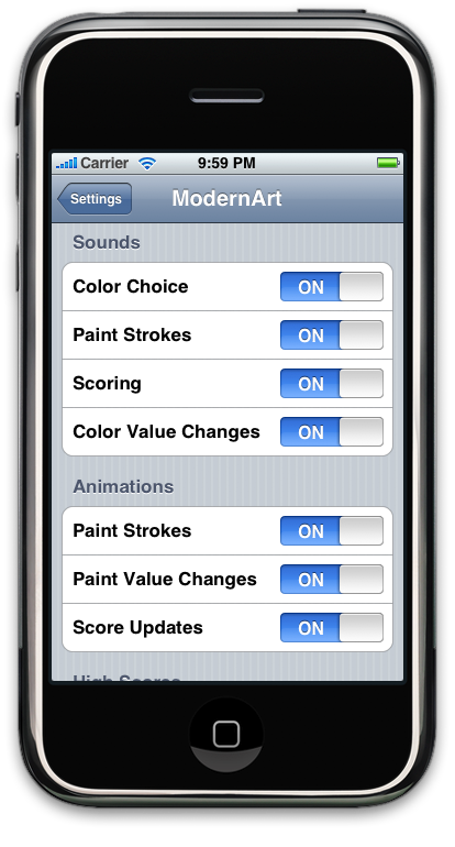 Modern art settings screen